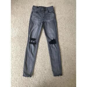 American Eagle Women’s Hi Rise Jeggings Black Distressed Super Stretch Size 2